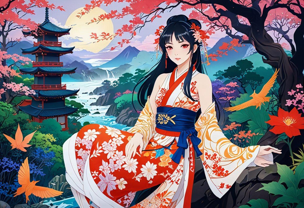 A captivating blend of fantasy and fetish elements, featuring vibrant, stylized characters inspired by Japanese animation. Include intricate details of both sensual art and whimsical fantasy landscapes. Portray a juxtaposition of eroticism with playful, imaginative themes, utilizing bright colors and dynamic poses. Incorporate subtle references to traditional Japanese art styles to enhance depth. colorful anime style. vibrant colors. intricate details.