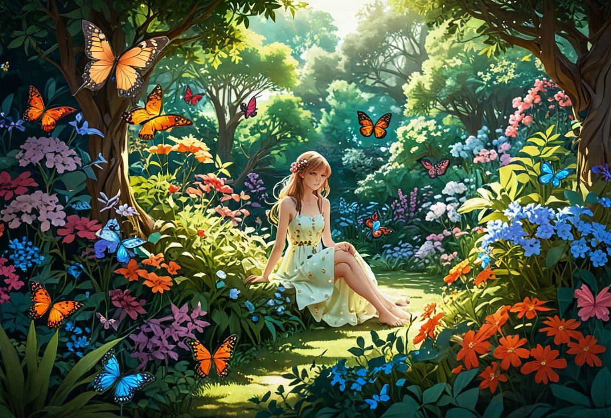 A vibrant garden scene featuring whimsical flowers and lush greenery, with subtle hints of adult themes represented through elegant anime characters in playful poses. Soft lighting filters through the foliage, creating a serene yet tantalizing atmosphere. Incorporate elements like delicate butterflies and intricate floral patterns to accentuate the allure. Capture the enchantment of both nature and fantasy in a harmonious composition. vibrant colors. anime style. 3D.